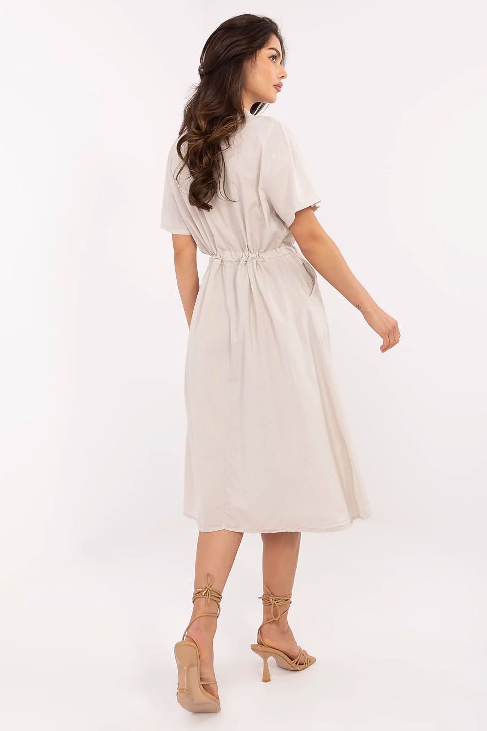 Cotton Midi Shirt Dress – Sweetheart Neck, Flared Skirt, Tie Waist – Daydress | GUOCALI – view 3