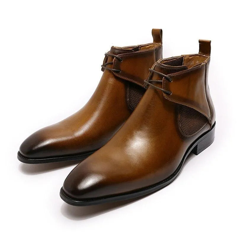 Men's Boots - Block Ankle Boots - Leather
