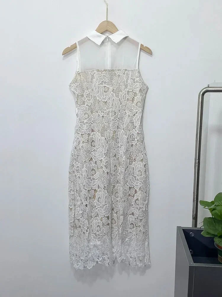 Doll Neck Patchwork Flower Lace Dress -Guocali