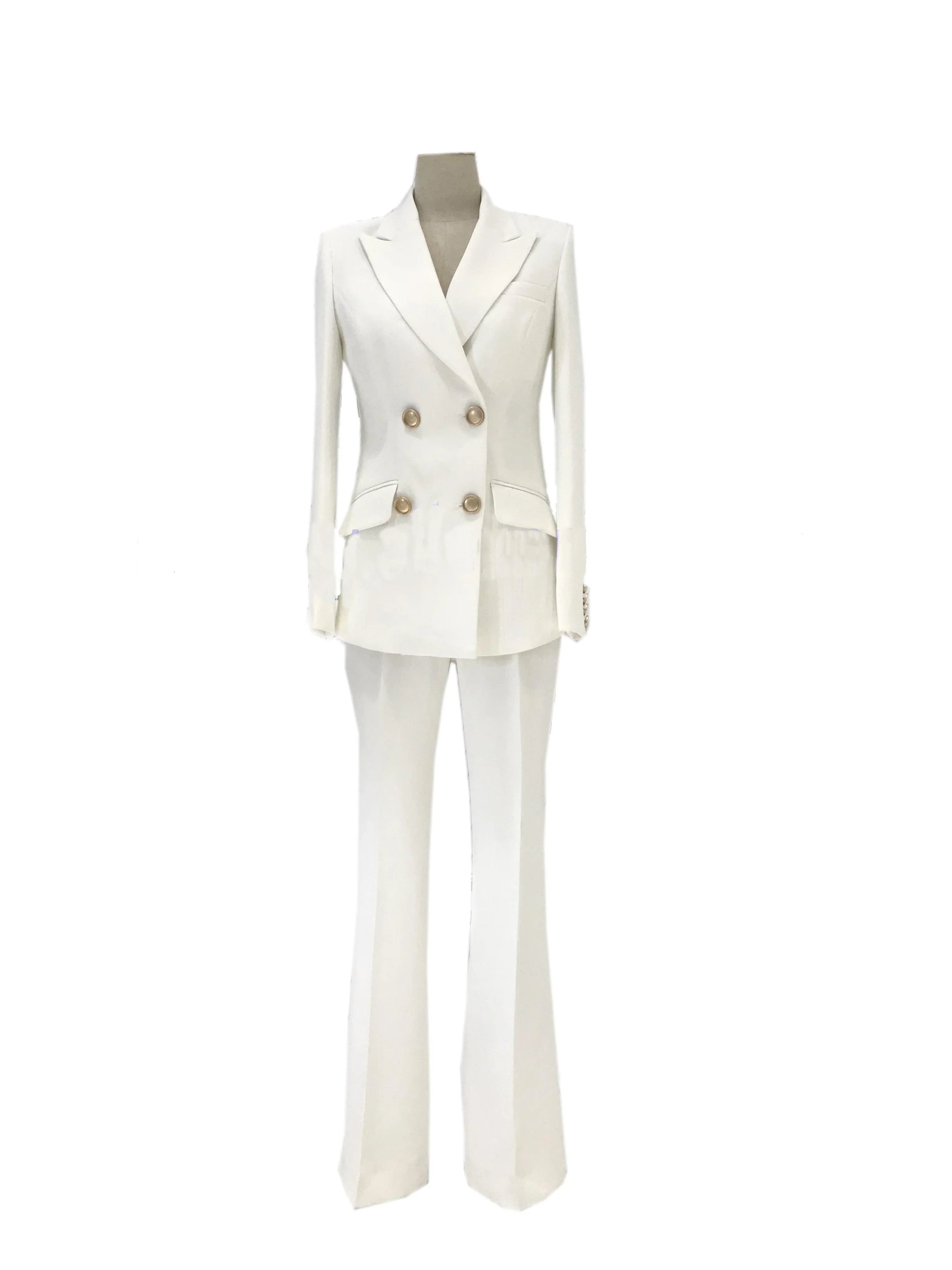 Elegant, Chic, Professional Women's Pant Suit - Solid Double-Breasted, White
