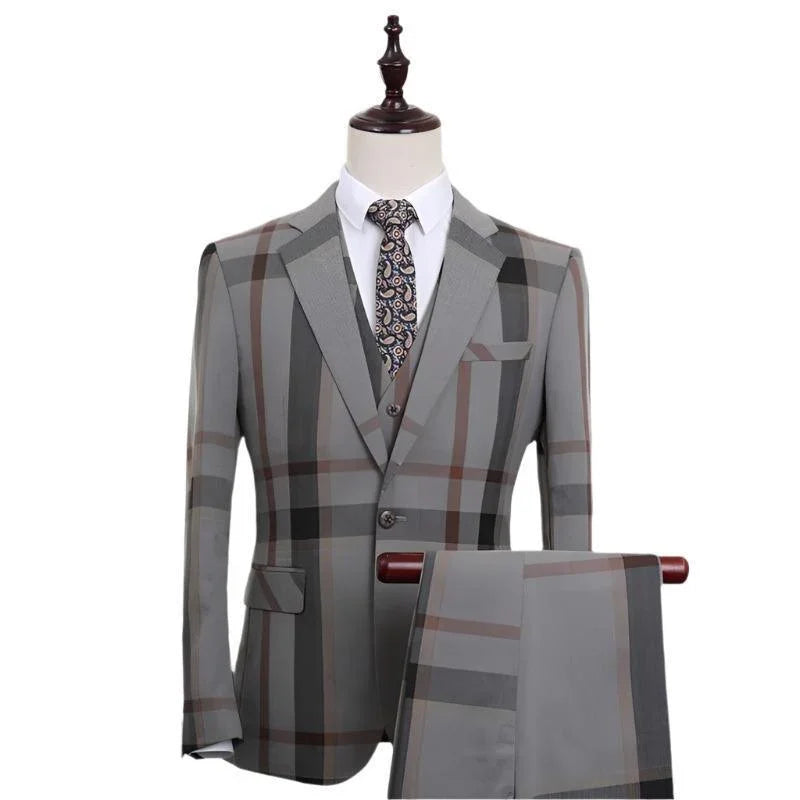 Elegant Men’s Suit - Plaid Single-Breasted, Grey