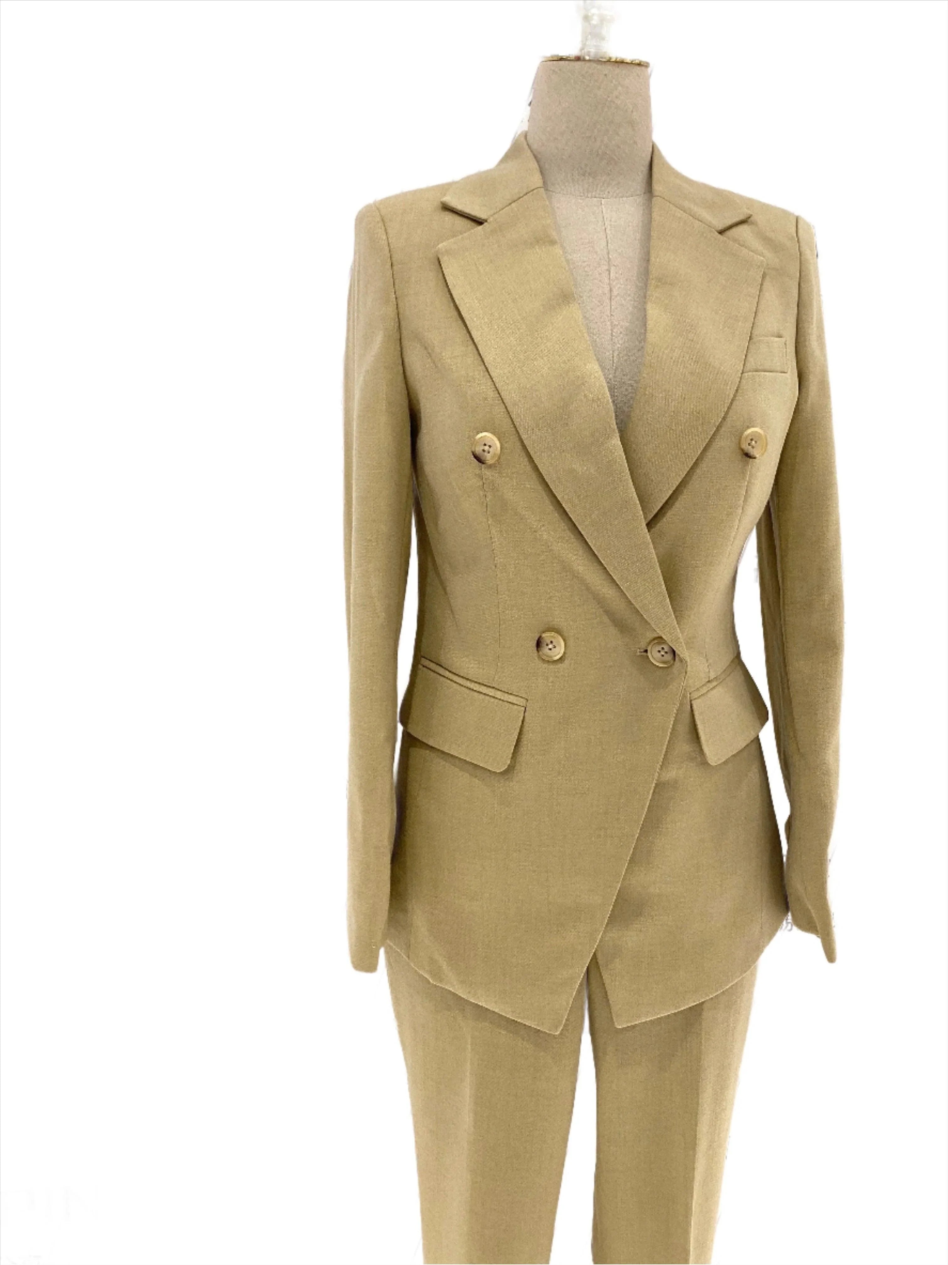 Elegant Professional Chic Women's Pant Suit - Solid Double-Breasted - Khaki
