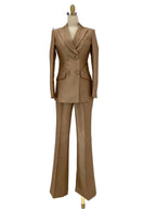 Elegant Women's Pant Suit - Solid Double-Breasted - Khaki