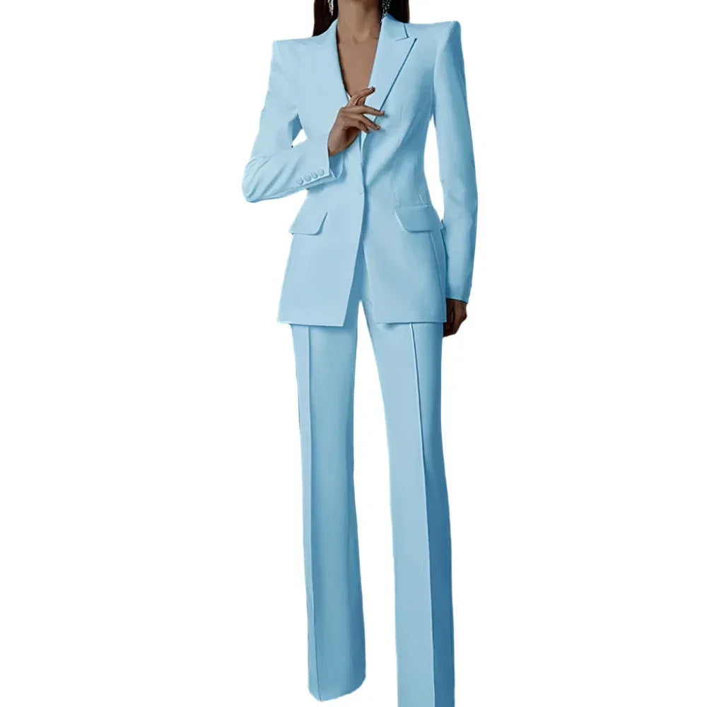 Elegant Women's Pant Suit - Solid Single-Breasted