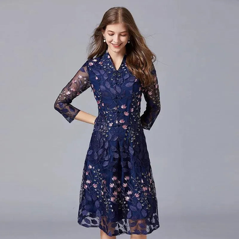 Embroidered V-Neck Floral Knee-Length Dress -Guocali