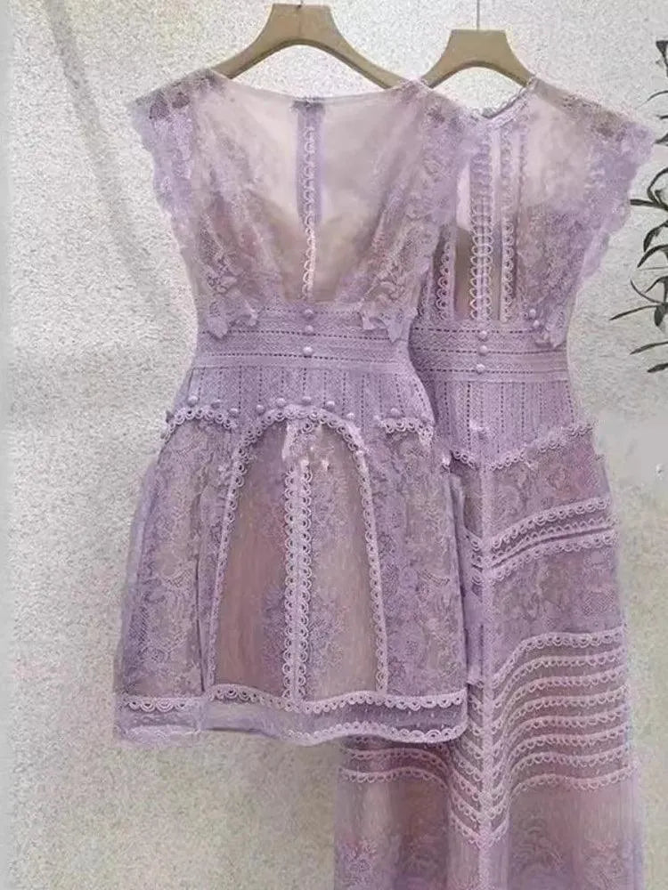 Embroidery Hollow Out Mid-Length Lace Dress -Guocali