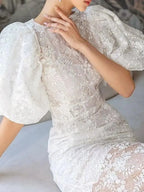 Fashion Bubble Sleeves Lace Sequin Long Dress -Guocali