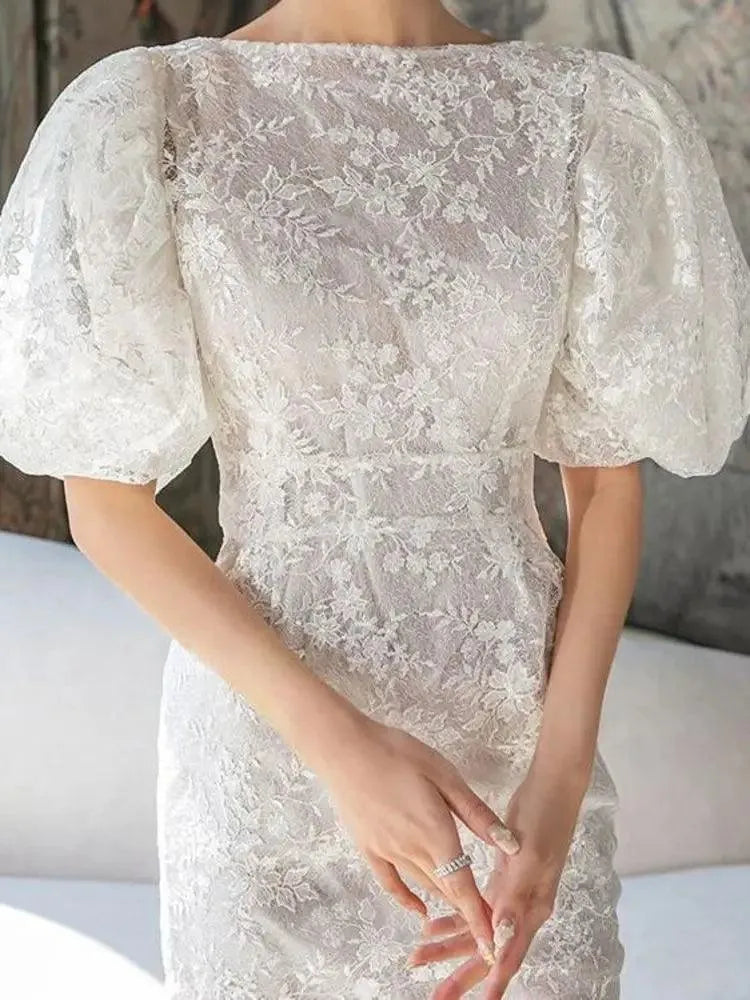 Fashion Bubble Sleeves Lace Sequin Long Dress -Guocali