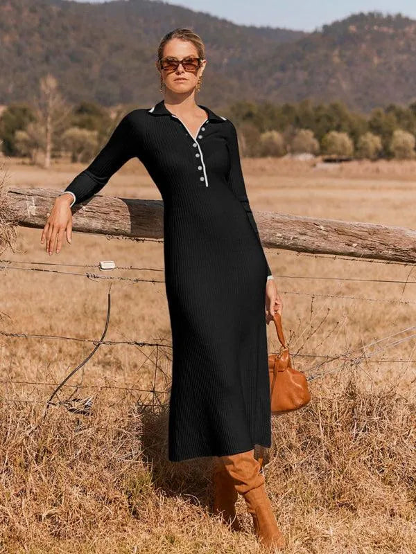 Fashionable Lapel Slim Fit Knitted Dress -Guocali