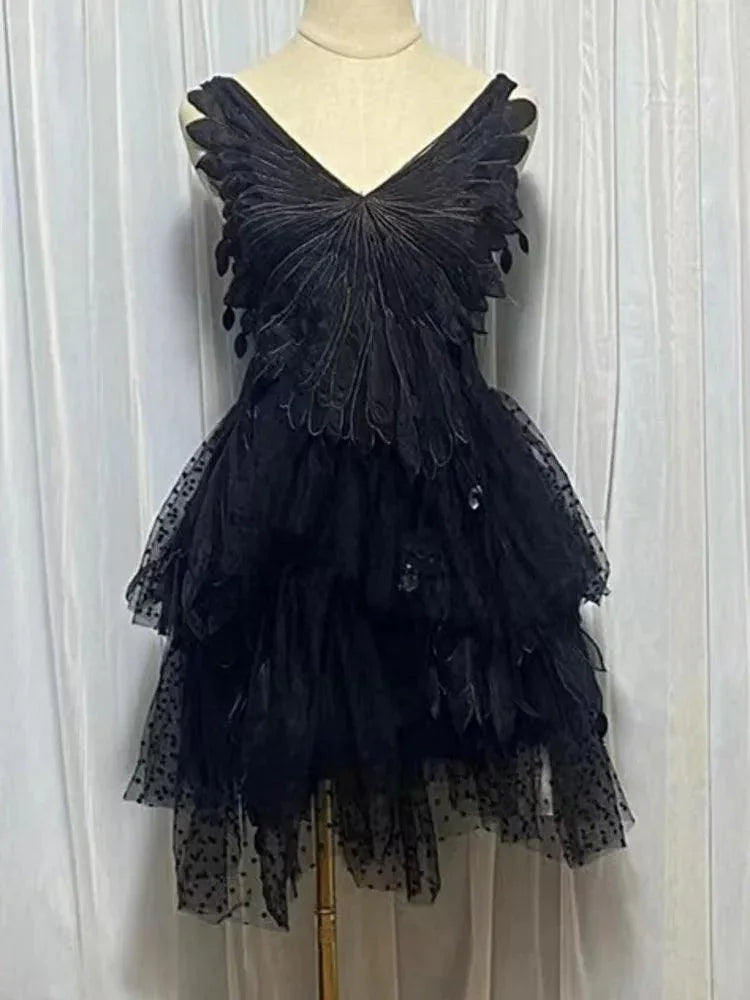 Feather Hollow V-Neck Suspender Dress -Guocali