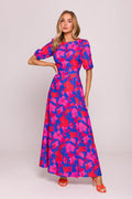 Floral Maxi Dress – Round Neck, Fit-and-Flare, Puff Sleeves – Daydress | GUOCALI
