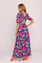 Floral Maxi Dress – Round Neck, Fit-and-Flare, Puff Sleeves – Daydress | GUOCALI – view 4