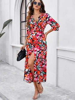 Holiday Casual Printed V-Neck Slit Dress - Guocali