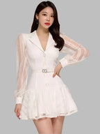 Hollow-Out Lace Patchwork Blazer Party Dress – White – Party Dress | GUOCALI