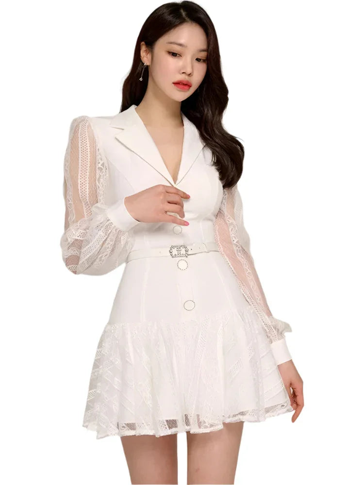 Hollow-Out Lace Patchwork Blazer Party Dress – White – Party Dress | GUOCALI – view 2
