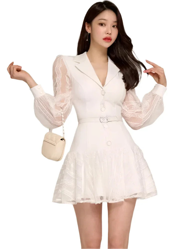 Hollow-Out Lace Patchwork Blazer Party Dress – White – Party Dress | GUOCALI – view 6
