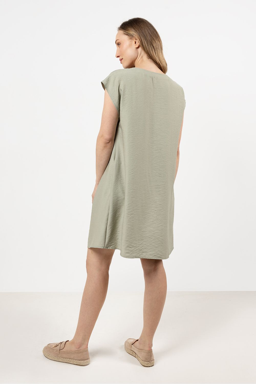 Knee Length Dress – Collar, Relaxed Cut, Pockets, Green – Daydress | GUOCALI – view 3