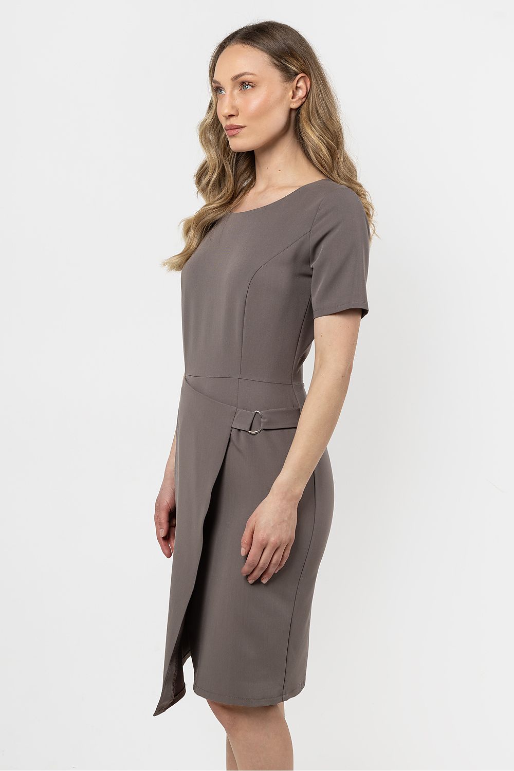 Knee Length Dress – Round Neck, Sheath, Asymmetric Hem – Daydress | GUOCALI – view 4