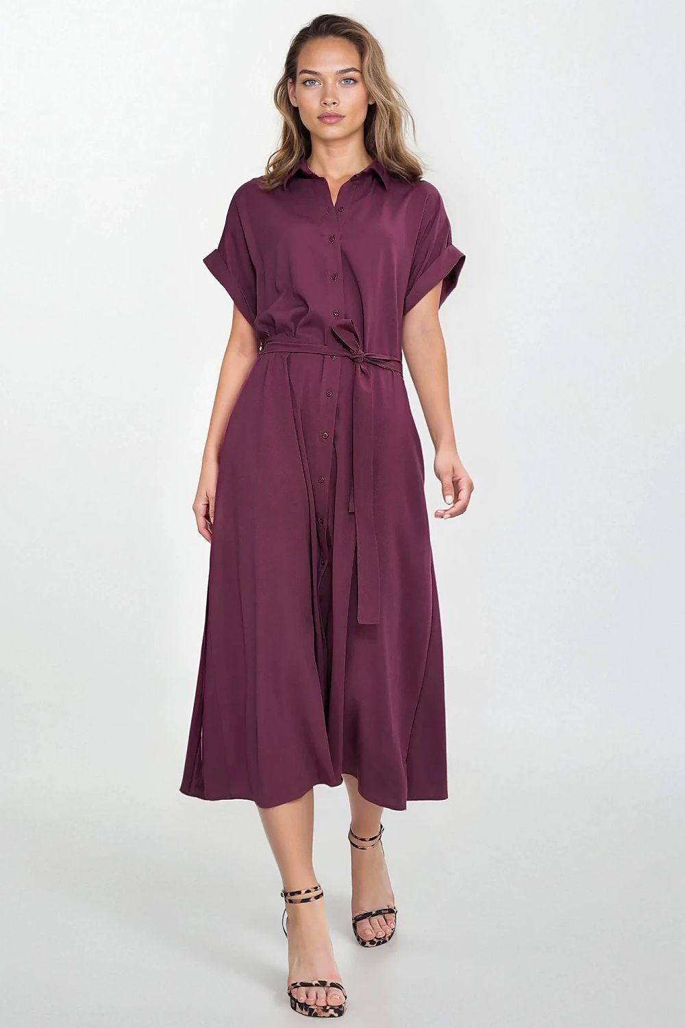 Knee Length Shirt Dress – Round Neck, A-Line, Pockets – Daydress | GUOCALI – view 2