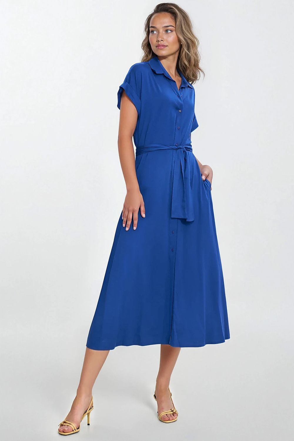 Knee Length Shirt Dress – Round Neck, A-Line, Pockets – Daydress | GUOCALI – view 4