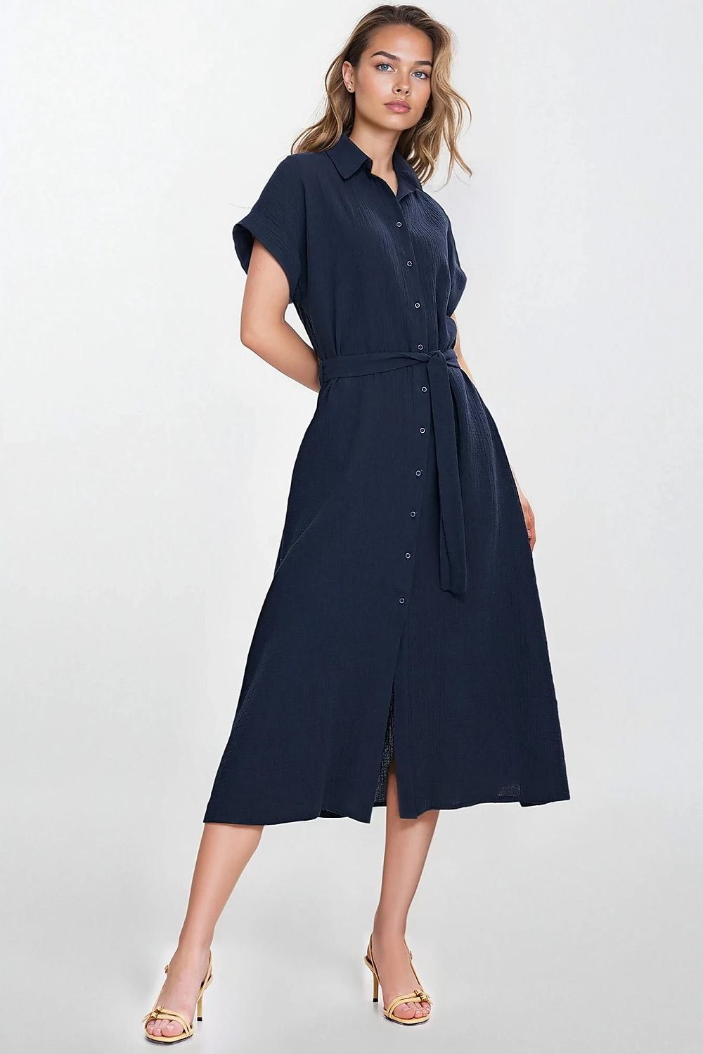 Knee Length Shirt Dress – Round Neck, A-Line, Pockets – Daydress | GUOCALI – view 7