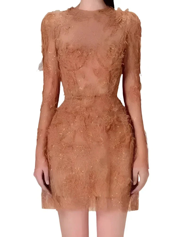 Lace Long Sleeve 3D Petal Dress – Elegant A-Line Short Dress -Guocali