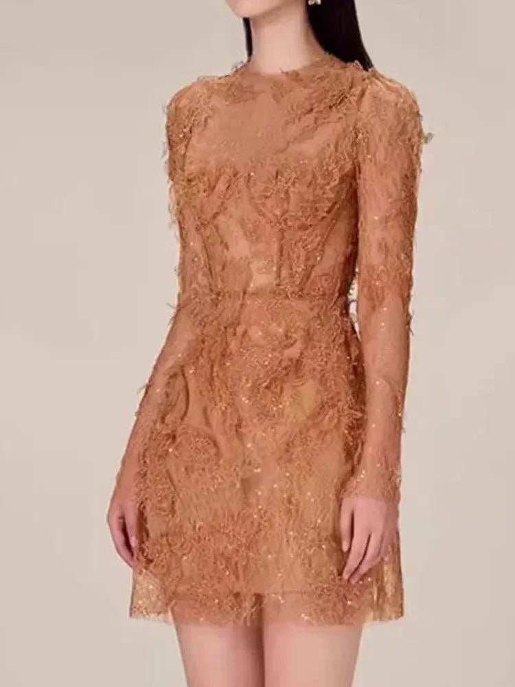 Lace Long Sleeve 3D Petal Dress – Elegant A-Line Short Dress -Guocali