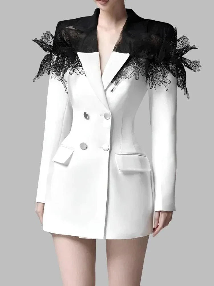 Lace Patchwork Notched Collar Blazer Dress -Guocali