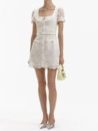Lace Square Neck Single-Breasted Short Dress -Guocali