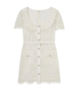 Lace Square Neck Single-Breasted Short Dress - Guocali