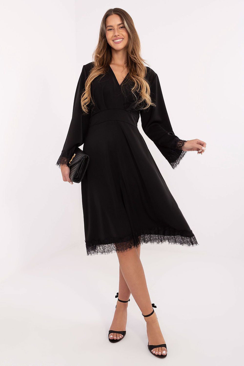 Lace V-Neck Long Sleeve Midi Wrap Dress – Black – Daydress | GUOCALI