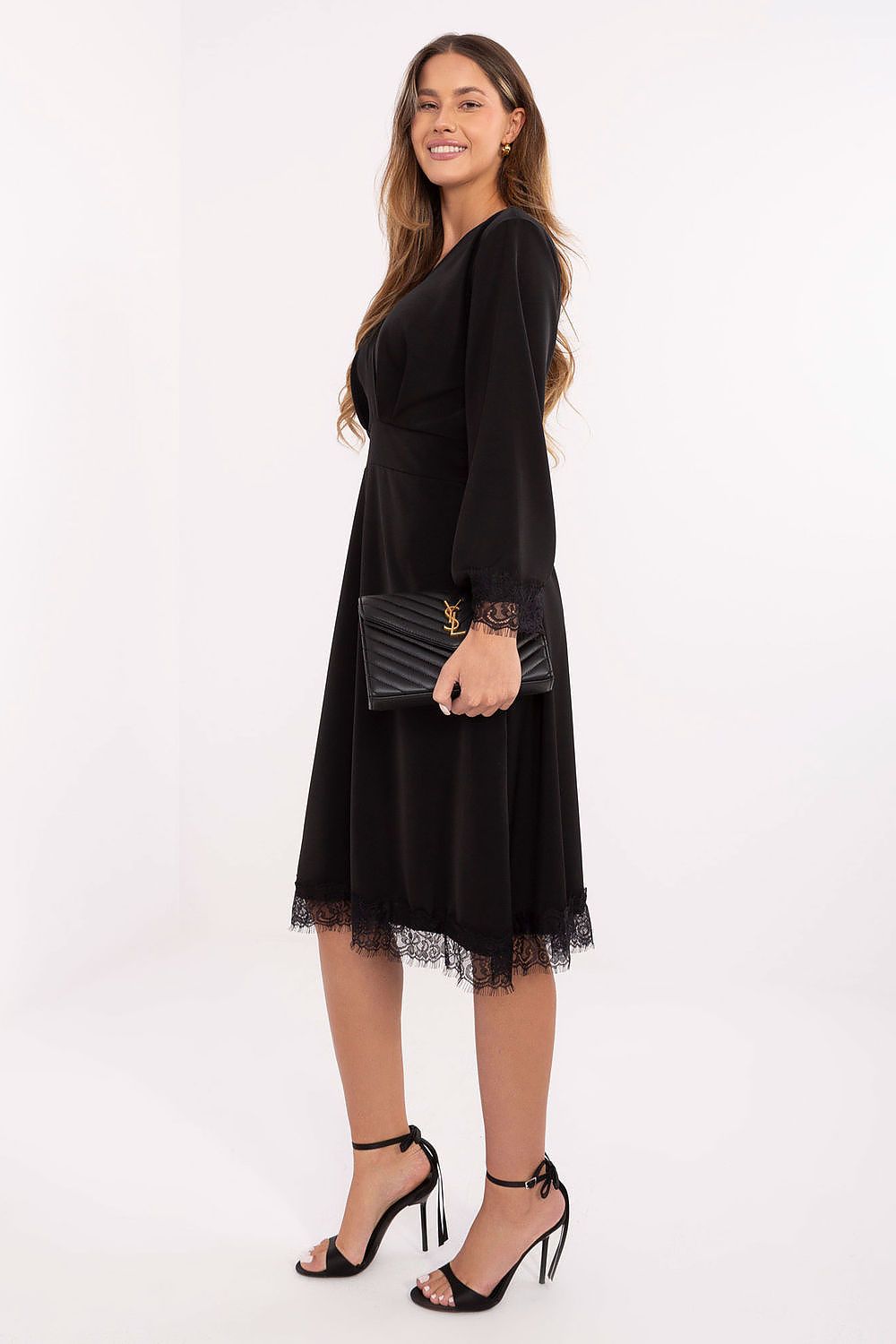 Lace V-Neck Long Sleeve Midi Wrap Dress – Black – Daydress | GUOCALI – view 2