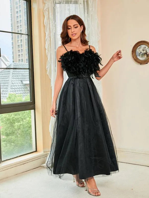 Ladies Feather Sling Mesh Party Dress