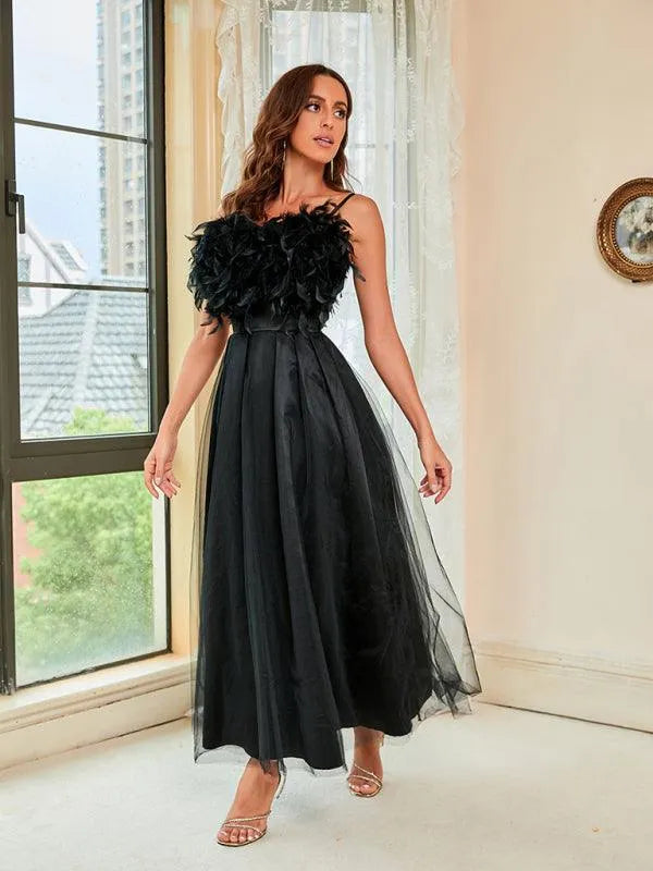 Ladies Feather Sling Mesh Party Dress