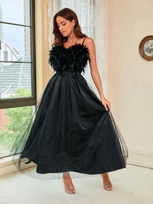 Ladies Feather Sling Mesh Party Dress