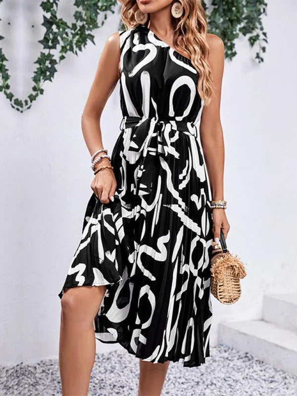Letter Print One-Shoulder Dress Women -Guocali