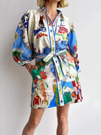 Linen Blend Shirt Dress – Long Sleeve Mini, Lace-Up Detail, Blue – Shirt Dress | GUOCALI