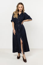 Linen Maxi Shirt Dress – Stand Collar, Stripes – Daydress | GUOCALI
