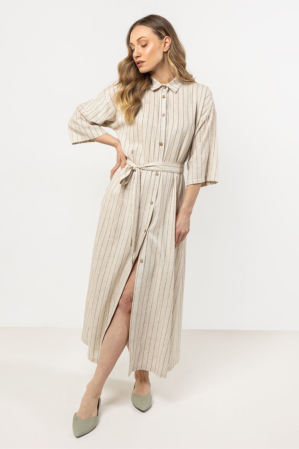 Linen Maxi Shirt Dress – Stand Collar, Stripes – Daydress | GUOCALI – view 4