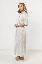 Linen Maxi Shirt Dress – Stand Collar, Stripes – Daydress | GUOCALI – view 7