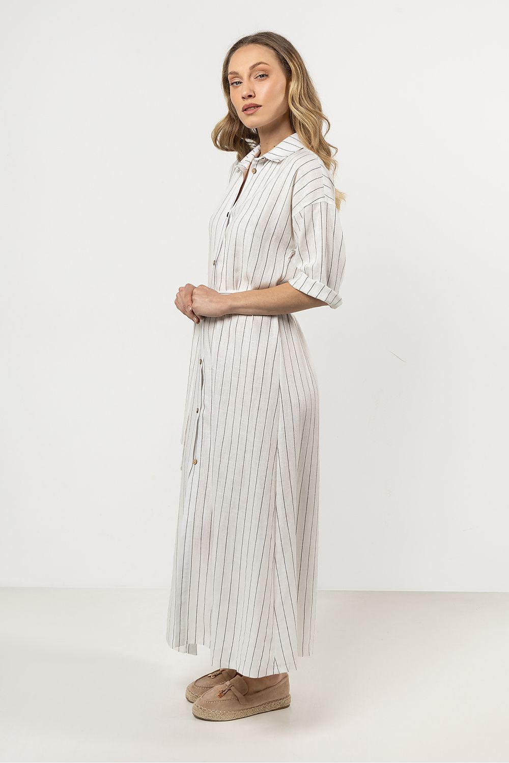 Linen Maxi Shirt Dress – Stand Collar, Stripes – Daydress | GUOCALI – view 7