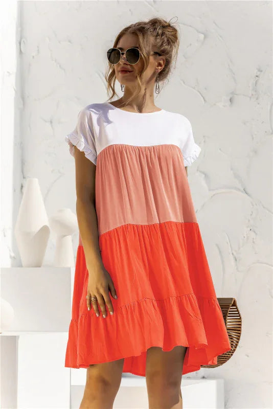 Loose Shirt Dress – Round Neck, Color Block – Shirt Dress | GUOCALI