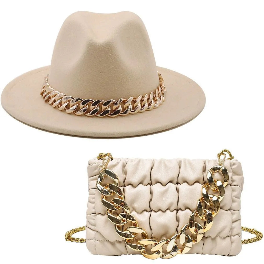 Luxury Fedora Hat And Oversized Chain Handbag -Guocali