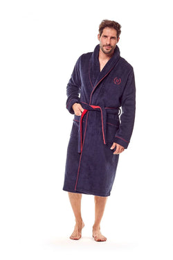 Men Bathrobe – Lightweight Solid, Embroidered - Navy - Guocali
