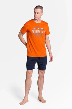 Men Pajama Shorts Set –Breathable Logo, Solid - Orange, Navy - Guocali