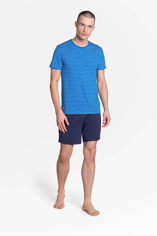 Men Pajama Shorts Set –Breathable Striped - Blue, Navy -Guocali