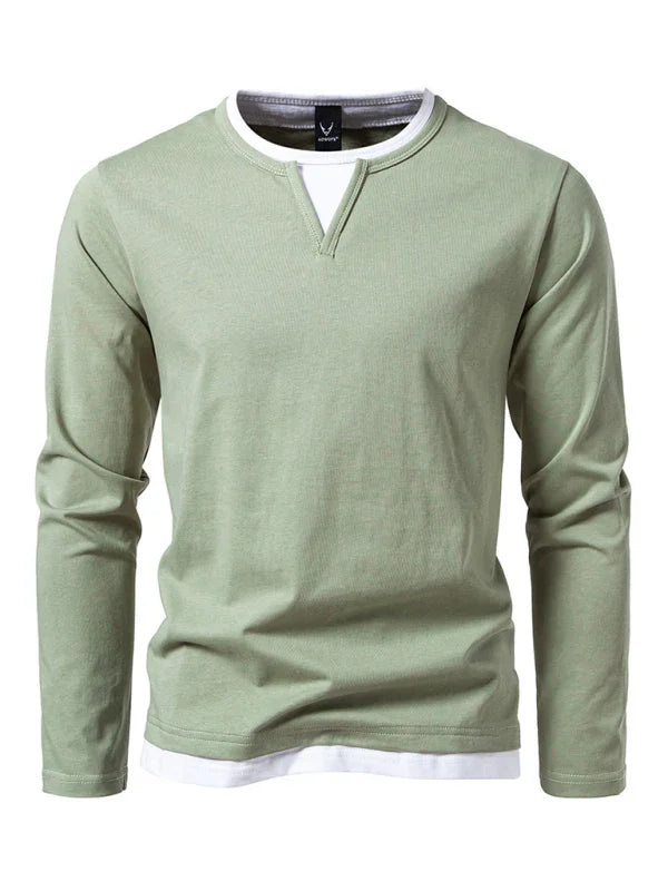 Men V-Neck Long-Sleeves T-Shirt – Stretchable - Gray, White -Guocali