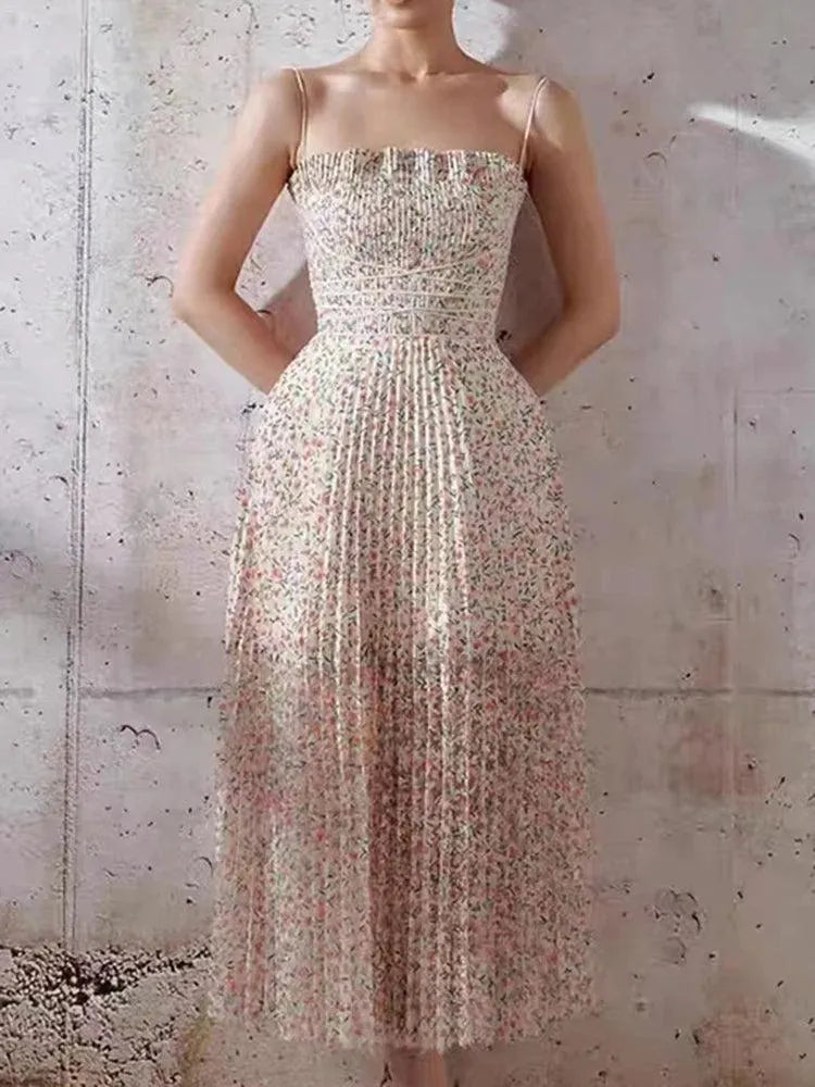 Mid-Length Pleated Print Waist Dress -Guocali