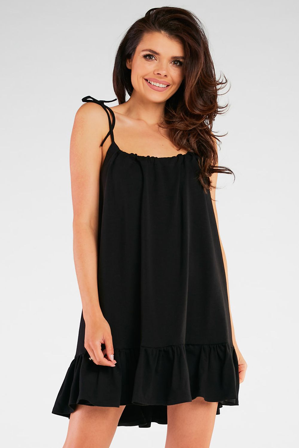 Mini Dress – Round Neck A-Line with Tie Straps & Ruffled Hem – Daydress | GUOCALI