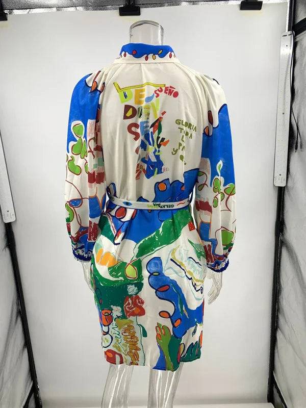 New Linen Casual Printed Shirt Cardigan Lace-Up Dress-Cardigan-GUOCALI